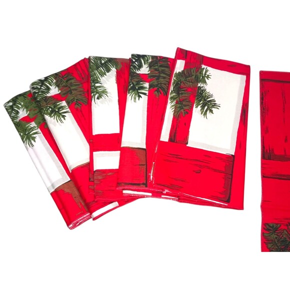 Lot Of 6 Vintage Christmas Cloth Dinner Napkins Set Red Trellis & Pine 16" x 16" - Picture 2 of 4